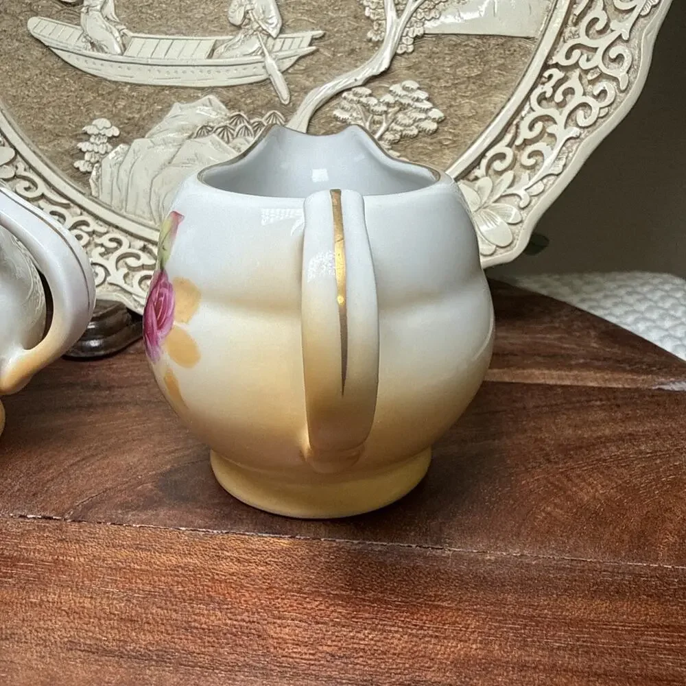 Hand Painted Porcelain Creamer Sugar Bowl Pink Roses Gold Trim Set Vintage